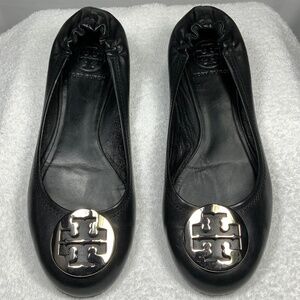 Tory Burch Black Flats with Silver Logo